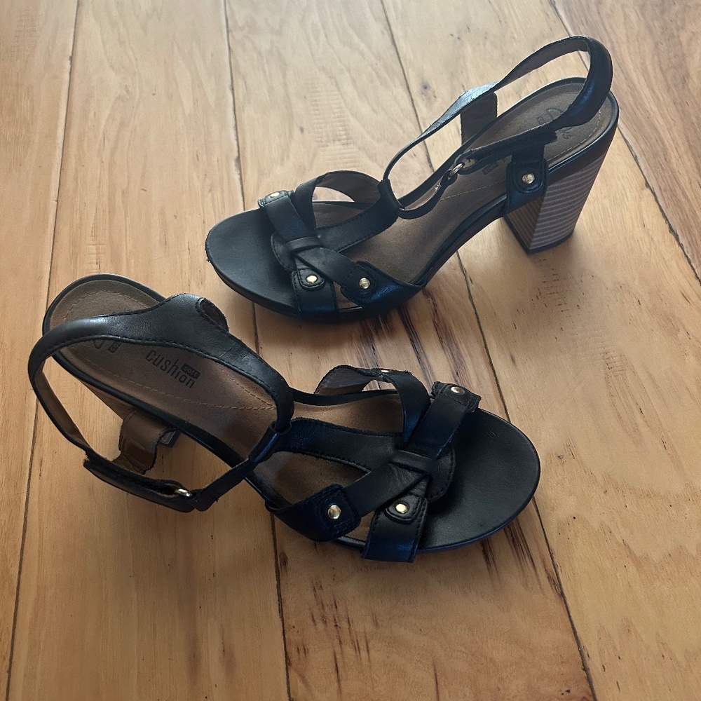 Clarks Black Leather Heeled Sandals